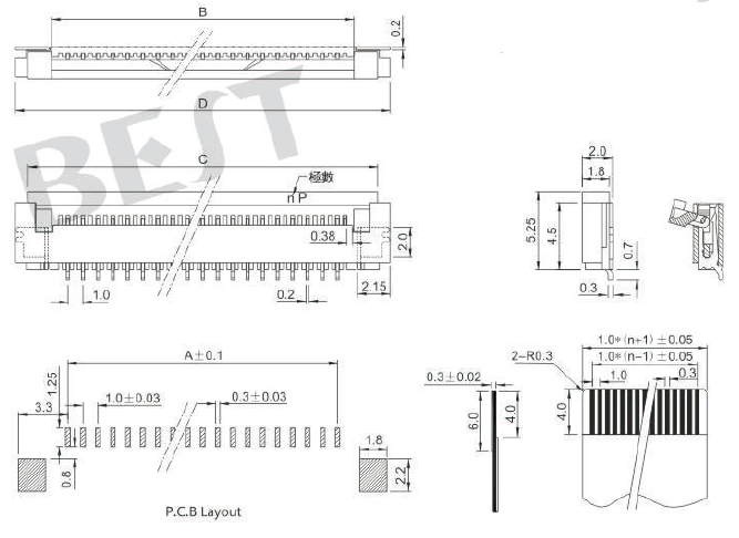 FPC衔接器1.0K-DX-NPWB-T/R参考图纸