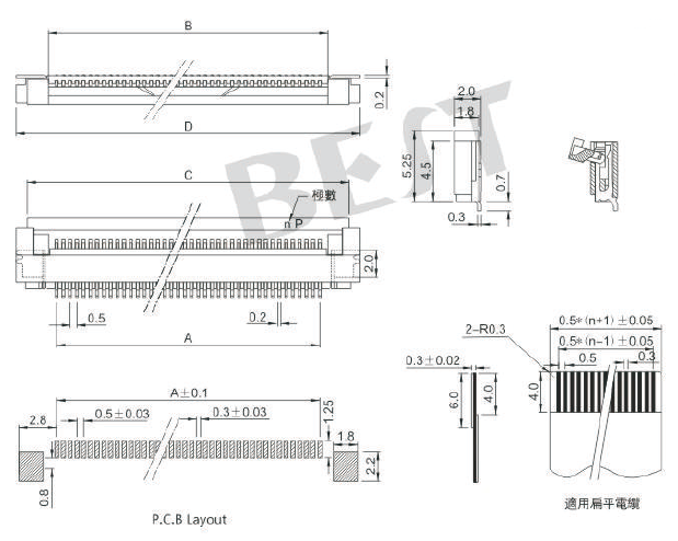  FPC衔接器0.5K-DX-NPWB-T/R参考图纸