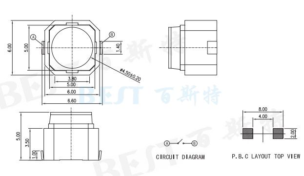 6x6 贴片轻触开关TS-0603参考图纸 6x6 贴片轻触开关TS-0603参考图纸